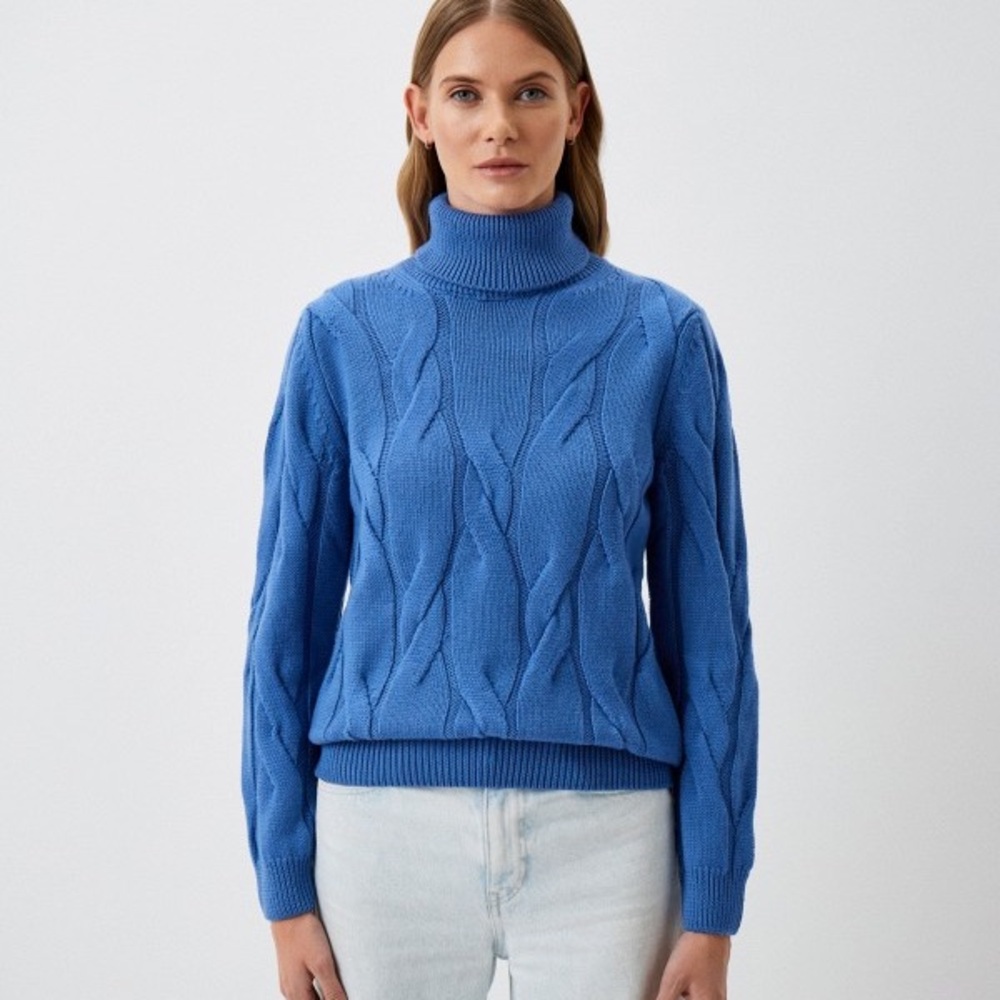 Chic Cable Knit Blue Turtleneck Sweater